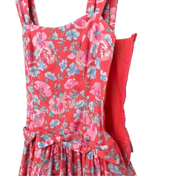 Laura Ashley Vtg 90s Floral Bow Dress Size 10 Pink Red Cotton Crinoline Skirt - Picture 9 of 14